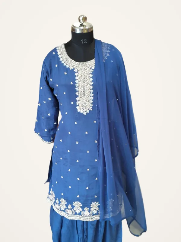 Kurti_Gharara_Set_for_Women_-_Royal_Blue_Chinon_Hand_Work_Short_Kurti_|_Festive
