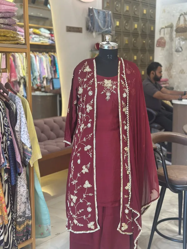 Maroon_Chinon_Embroidered_Kurta_Shrug_Set_For_Women