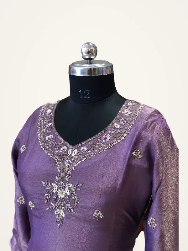 Kurti_Pant_Set_for_Women_-_Purple_Shimmer_Short_Kurti,_Brocade_Pants_|_Party