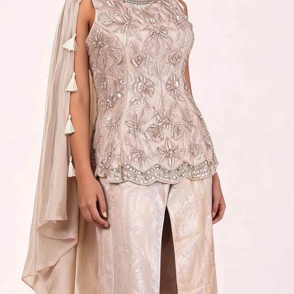 Peplum_Suit_Set_for_Women_-_Champagne_Gold_Self_Silk,_Choker_Dupatta_|_Wedding