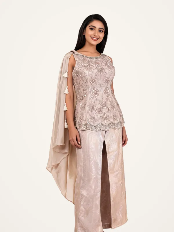 Peplum_Suit_Set_for_Women_-_Champagne_Gold_Self_Silk,_Choker_Dupatta_|_Wedding