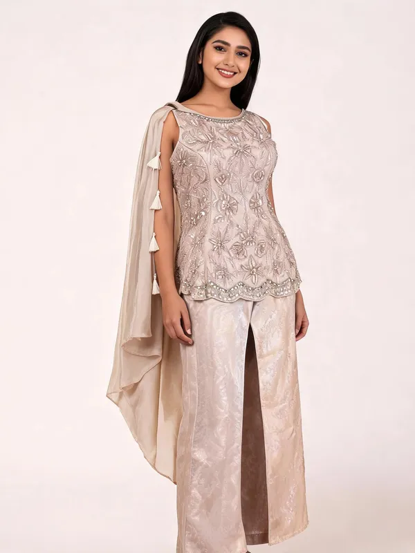 Peplum_Suit_Set_for_Women_-_Champagne_Gold_Self_Silk,_Choker_Dupatta_|_Wedding
