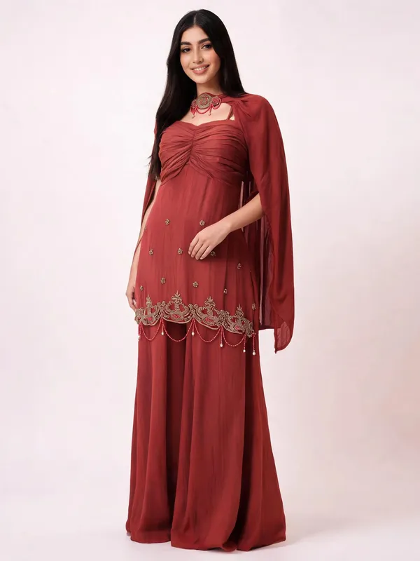 Gharara_Suit_Set_for_Women_-_Dark_Rust_Crepe_Designer_3_Piece_with_Choker_Dupatta_|_Party_Wear