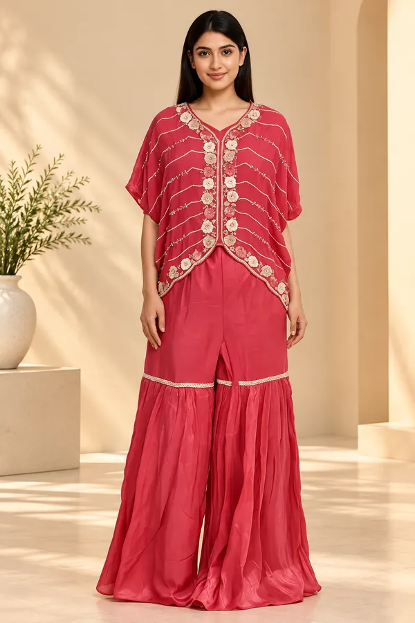 Red_Chinon_Embroidered_Jacket_Kurti_Sharara_For_Women