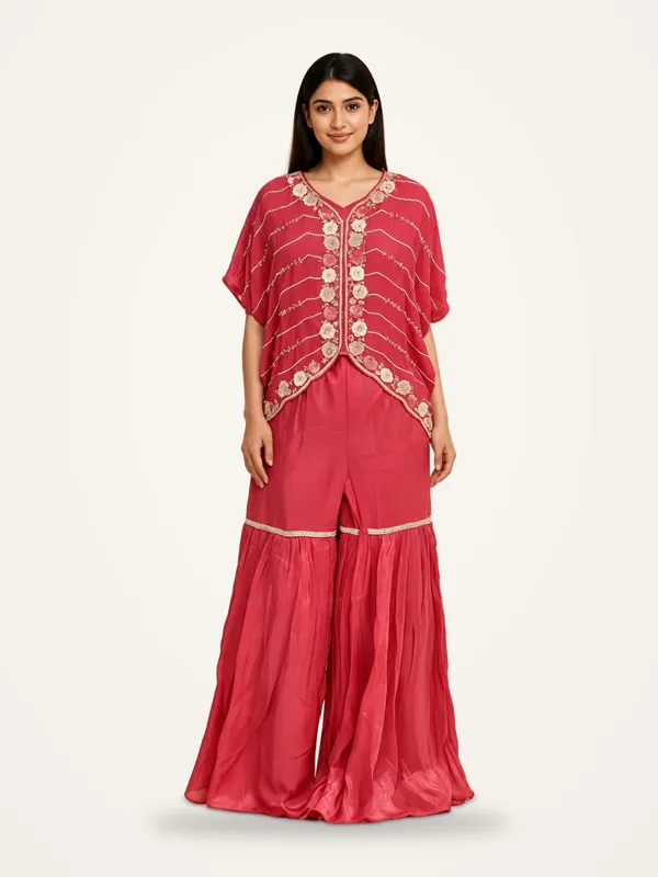 Jacket_Gharara_Set_for_Women_-_Carrot_Red_Chinon_Designer_|_Party_Wear