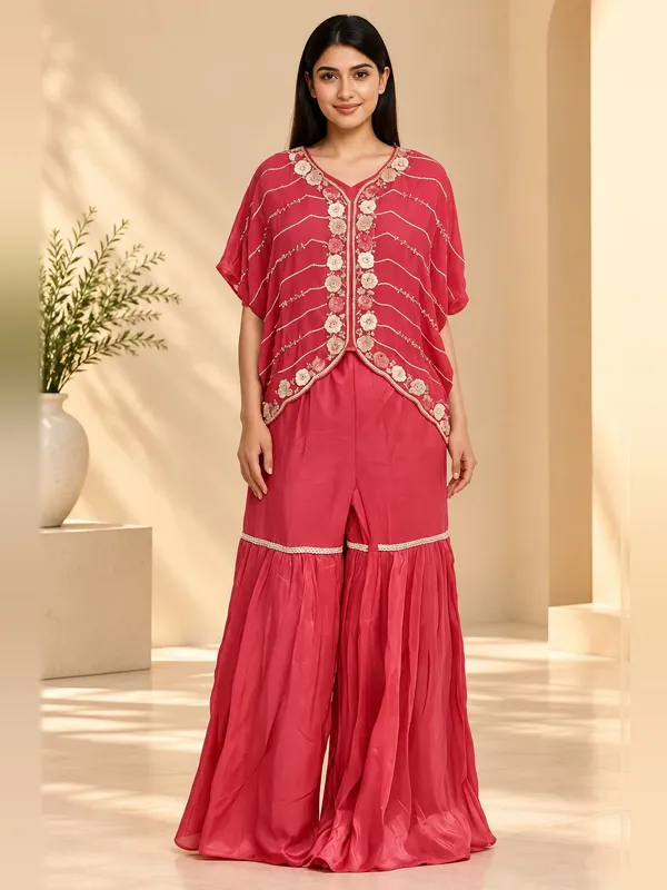 Jacket_Gharara_Set_for_Women_-_Carrot_Red_Chinon_Designer_|_Party_Wear