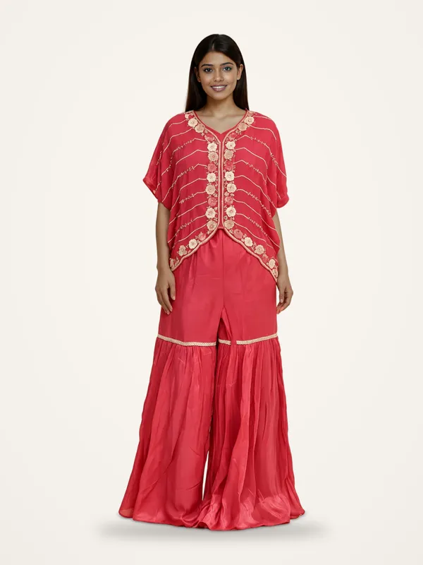 Jacket_Gharara_Set_for_Women_-_Carrot_Red_Chinon_Designer_|_Party_Wear