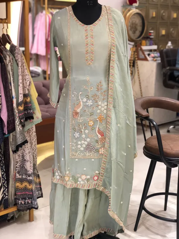 Sage_Green_Shimmer_Embroidered_Kurti_Garara_Set_For_Women