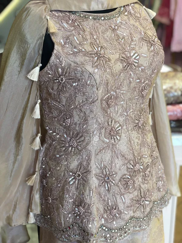 Champagne_Gold_Self_Silk_Peplum_Kurti_Set_For_Women