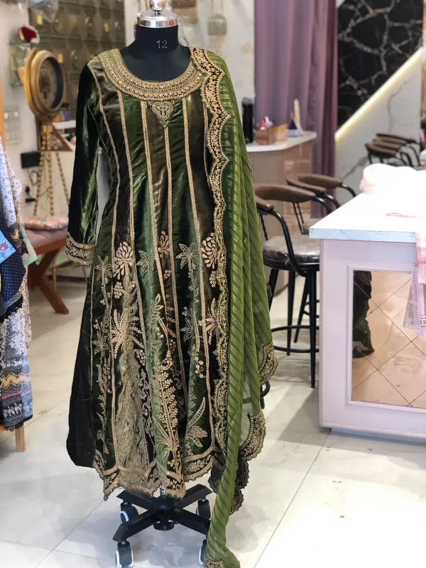 Olive_Green_Velvet_Anarkali_Embroidered_Suit_Set_For_Women
