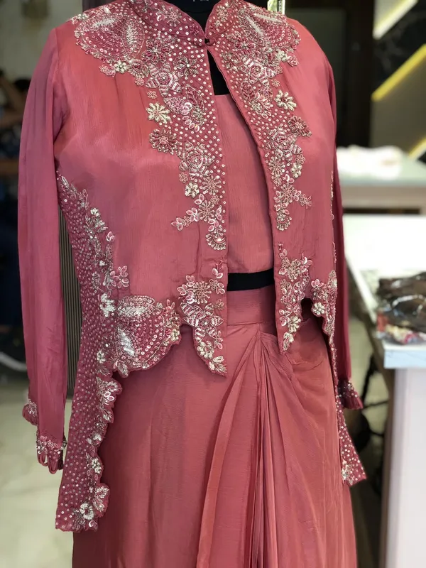 Pink_Chinon_Cape_Embroidered_Gown_Kurti_Set_For_Women