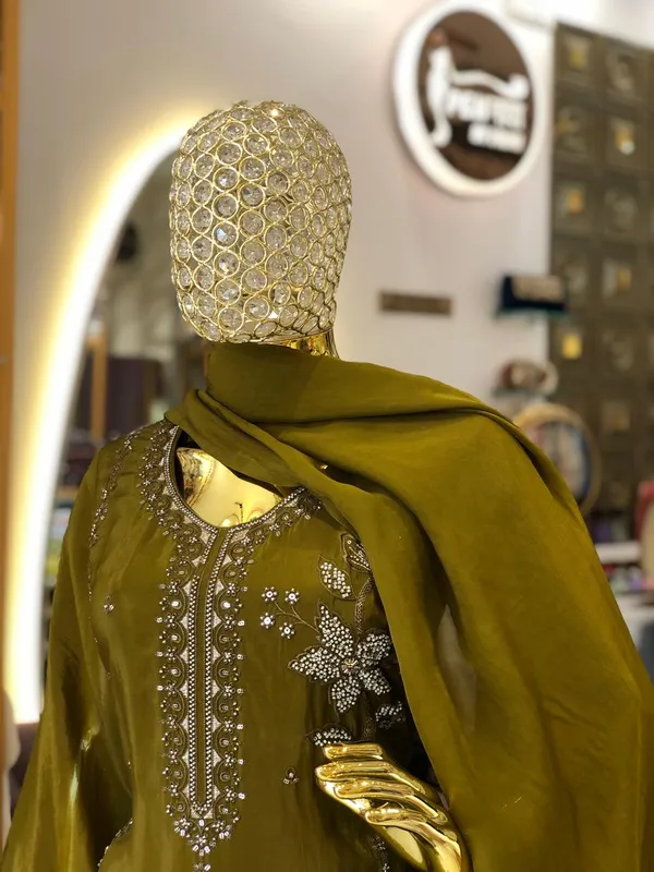 Olive_Green_Silk_Straight_Kurta_Pant_Dupatta_Set_For_Women