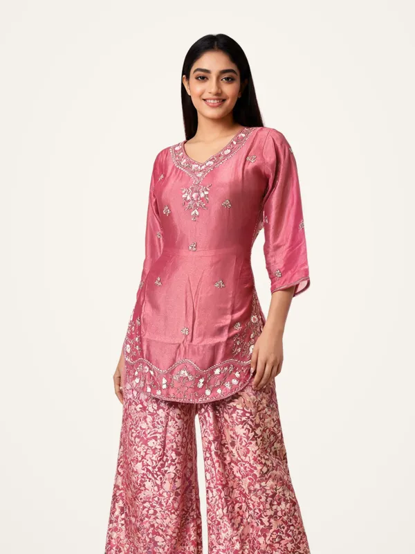 Kurti_Pant_Set_for_Women_-_Pink_Shimmer_Kurti_with_Brocade_Pants_|_Party_Wear