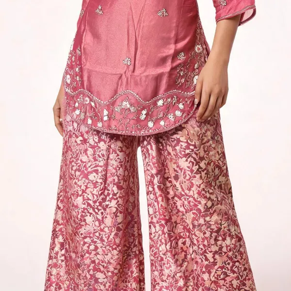 Kurti_Pant_Set_for_Women_-_Pink_Shimmer_Kurti_with_Brocade_Pants_|_Party_Wear
