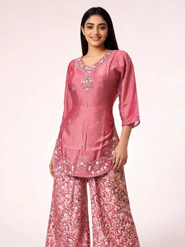 Kurti_Pant_Set_for_Women_-_Pink_Shimmer_Kurti_with_Brocade_Pants_|_Party_Wear