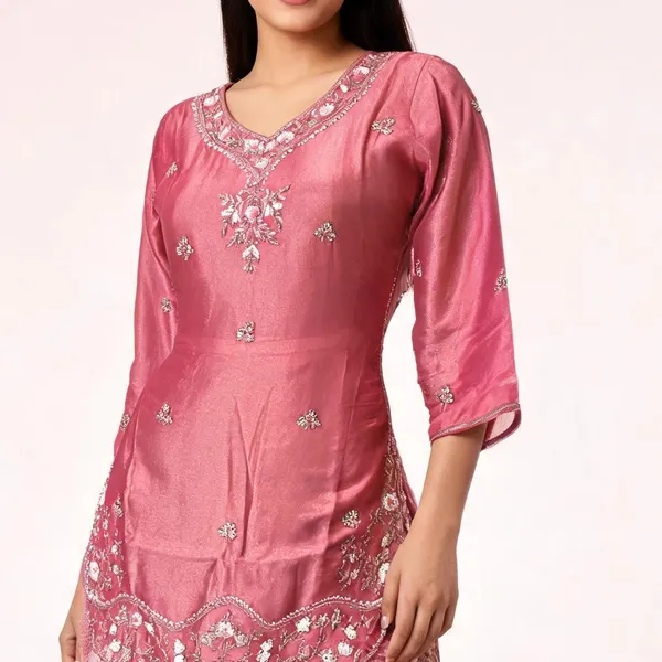 Kurti_Pant_Set_for_Women_-_Pink_Shimmer_Kurti_with_Brocade_Pants_|_Party_Wear