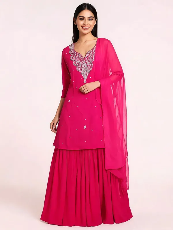 Kurti_Gharara_Set_for_Women_-_Magenta_Chinon_Hand_Work_Short_Kurti_|_Wedding