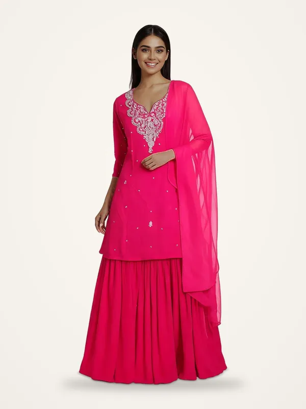 Kurti_Gharara_Set_for_Women_-_Magenta_Chinon_Hand_Work_Short_Kurti_|_Wedding
