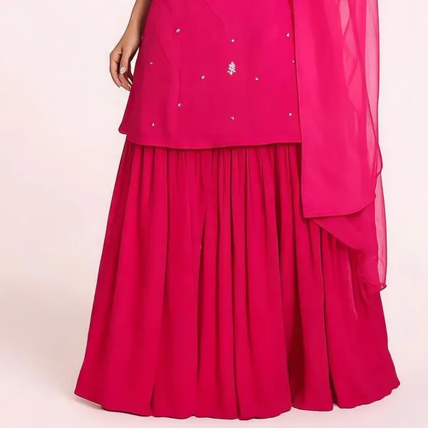 Kurti_Gharara_Set_for_Women_-_Magenta_Chinon_Hand_Work_Short_Kurti_|_Wedding