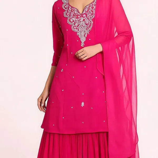 Kurti_Gharara_Set_for_Women_-_Magenta_Chinon_Hand_Work_Short_Kurti_|_Wedding