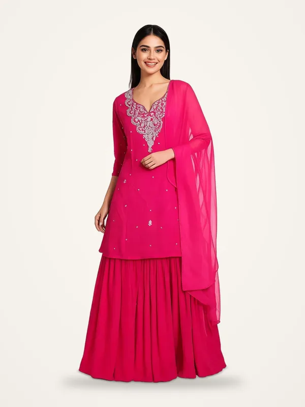 Kurti_Gharara_Set_for_Women_-_Magenta_Chinon_Hand_Work_Short_Kurti_|_Wedding