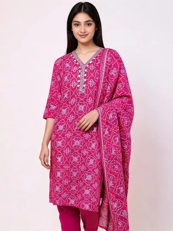 Suit_Set_for_Women_-_Magenta_Muslin_Bandhej_Print_Hand_Work_|_Festive_Wear