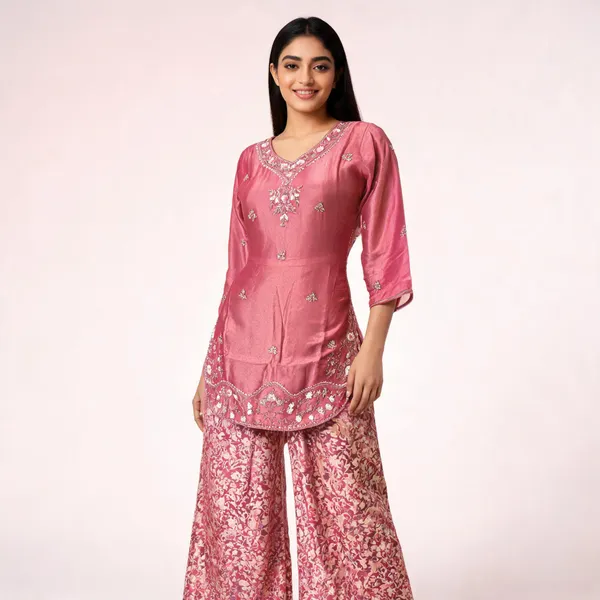 Pink_Shimmer_Straight_Kurti_Pant_Set_For_Women
