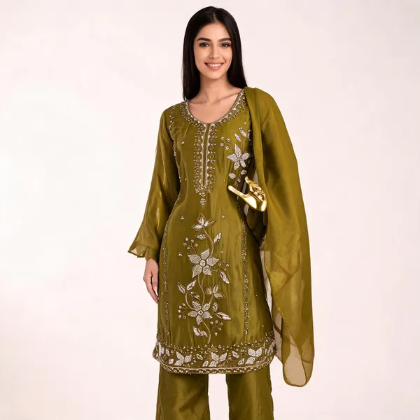 Olive_Green_Silk_Straight_Kurta_Pant_Dupatta_Set_For_Women