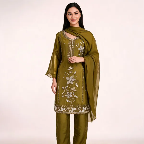 Olive_Green_Silk_Straight_Kurta_Pant_Dupatta_Set_For_Women