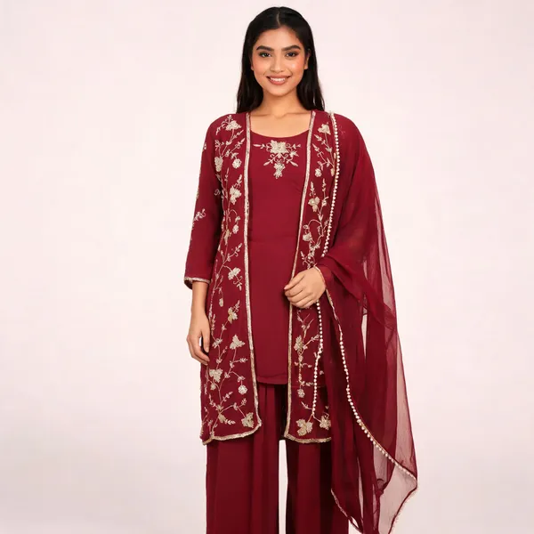 Maroon_Chinon_Embroidered_Kurta_Shrug_Set_For_Women