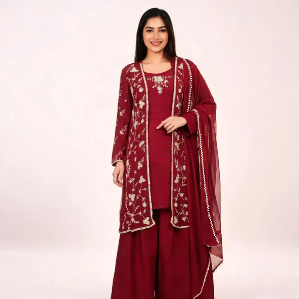 Maroon_Chinon_Embroidered_Kurta_Shrug_Set_For_Women