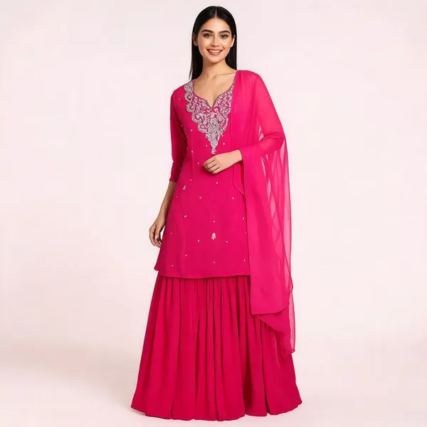 Magenta_Chinon_Embroidered_Kurti_Garara_Set_For_Women