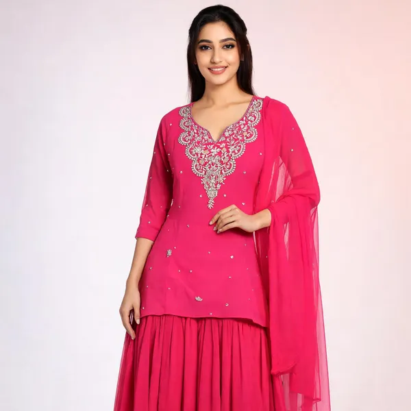 Magenta_Chinon_Embroidered_Kurti_Garara_Set_For_Women