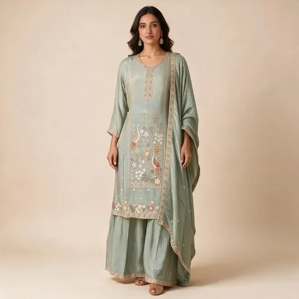 Sage_Green_Shimmer_Embroidered_Kurti_Sharara_Dupatta_For_Women