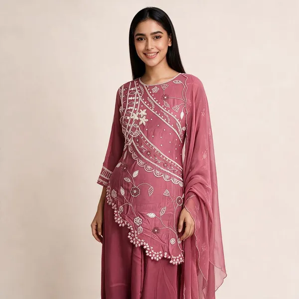 Sharara_Suit_Set_for_Women_-_Pink_Silk_Pearl_Work_3_Piece_|_Festive_Wear