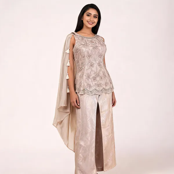 Champagne_Gold_Self_Silk_Peplum_Kurti_Set_For_Women