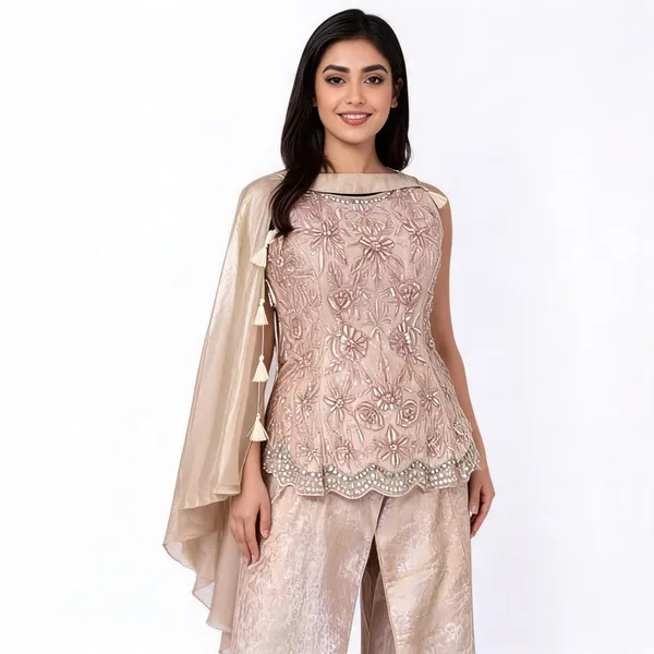 Champagne_Gold_Self_Silk_Peplum_Kurti_Set_For_Women