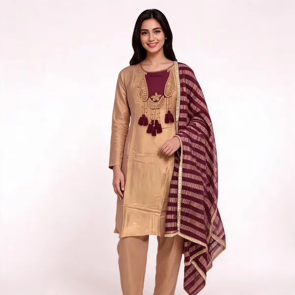 Beige_Shimmer_A-Line_Kurta_Pant_Set_For_Women