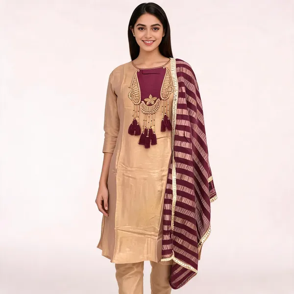 Beige_Shimmer_A-Line_Kurta_Pant_Set_For_Women