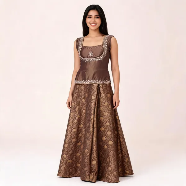 Brown_Shimmer_Flared_Lehenga_Co-Ord_Set_For_Women