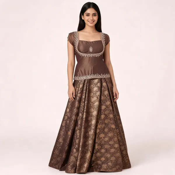 Brown_Shimmer_Flared_Lehenga_Co-Ord_Set_For_Women