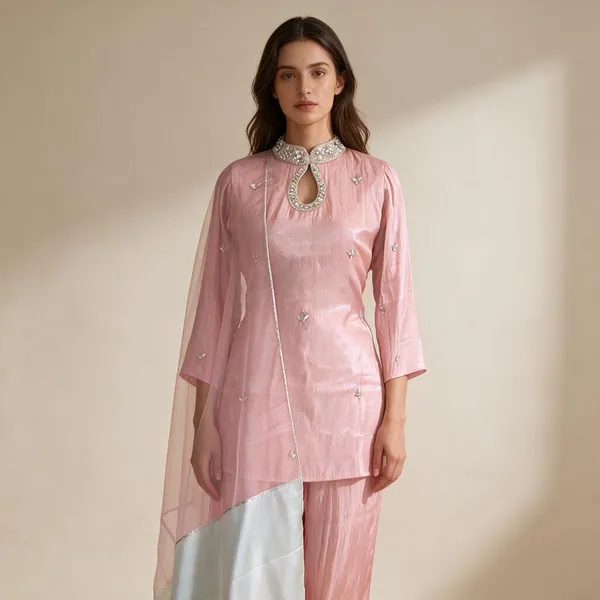 Kurti_Pant_Set_for_Women_-_Pink_Satin_Designer,_Contrast_Dupatta_|_Festive_Wear