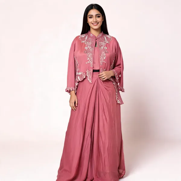 Pink_Chinon_Cape_Embroidered_Gown_Kurti_Set_For_Women