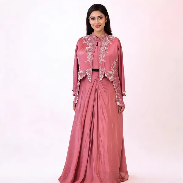 Pink_Chinon_Cape_Embroidered_Gown_Kurti_Set_For_Women