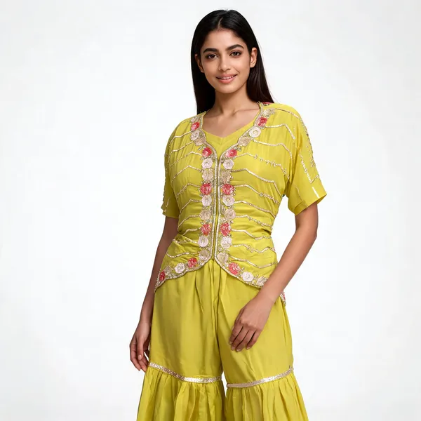 Neon_Chinon_Embroidered_Short_Kurti_Sharara_Set_For_Women