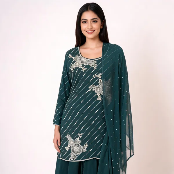 Bottle_Green_Chinon_Straight_Embroidered_Jacket_Garara_Set_For_Women