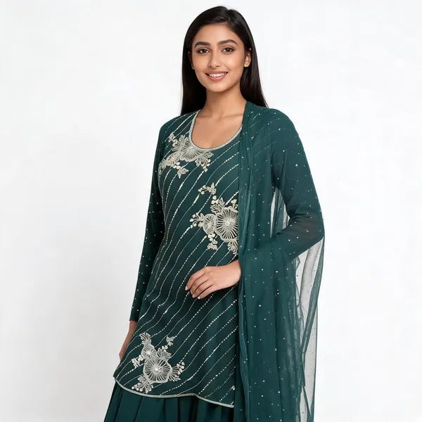 Bottle_Green_Chinon_Straight_Embroidered_Jacket_Garara_Set_For_Women