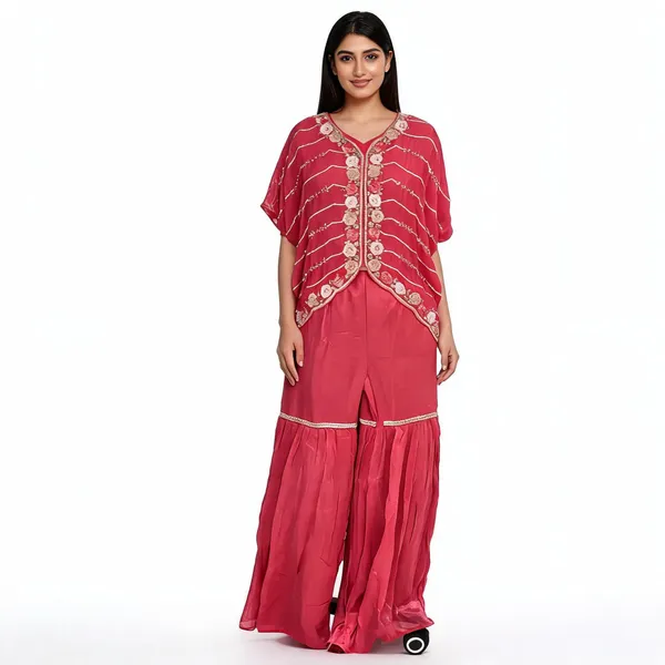 Red_Chinon_Embroidered_Jacket_Kurti_Pant_Set_For_Women