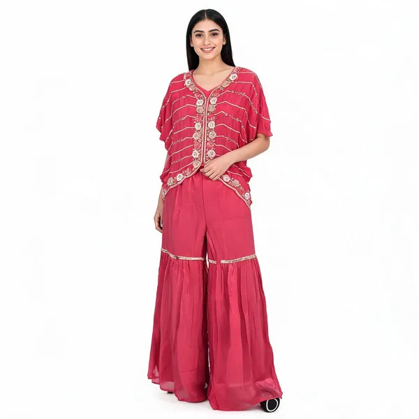 Red_Chinon_Embroidered_Jacket_Kurti_Pant_Set_For_Women