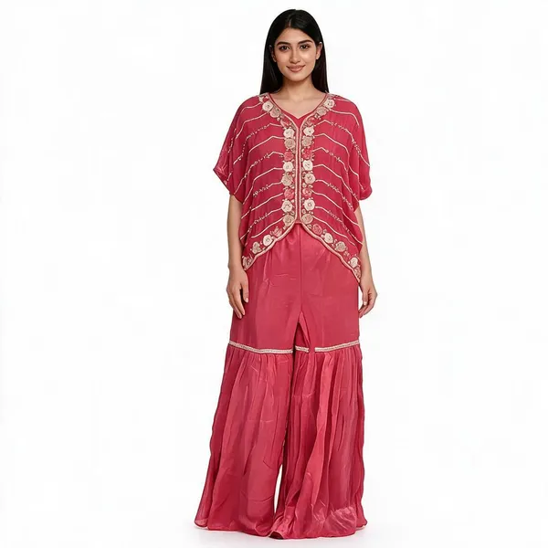 Red_Chinon_Embroidered_Jacket_Kurti_Sharara_For_Women